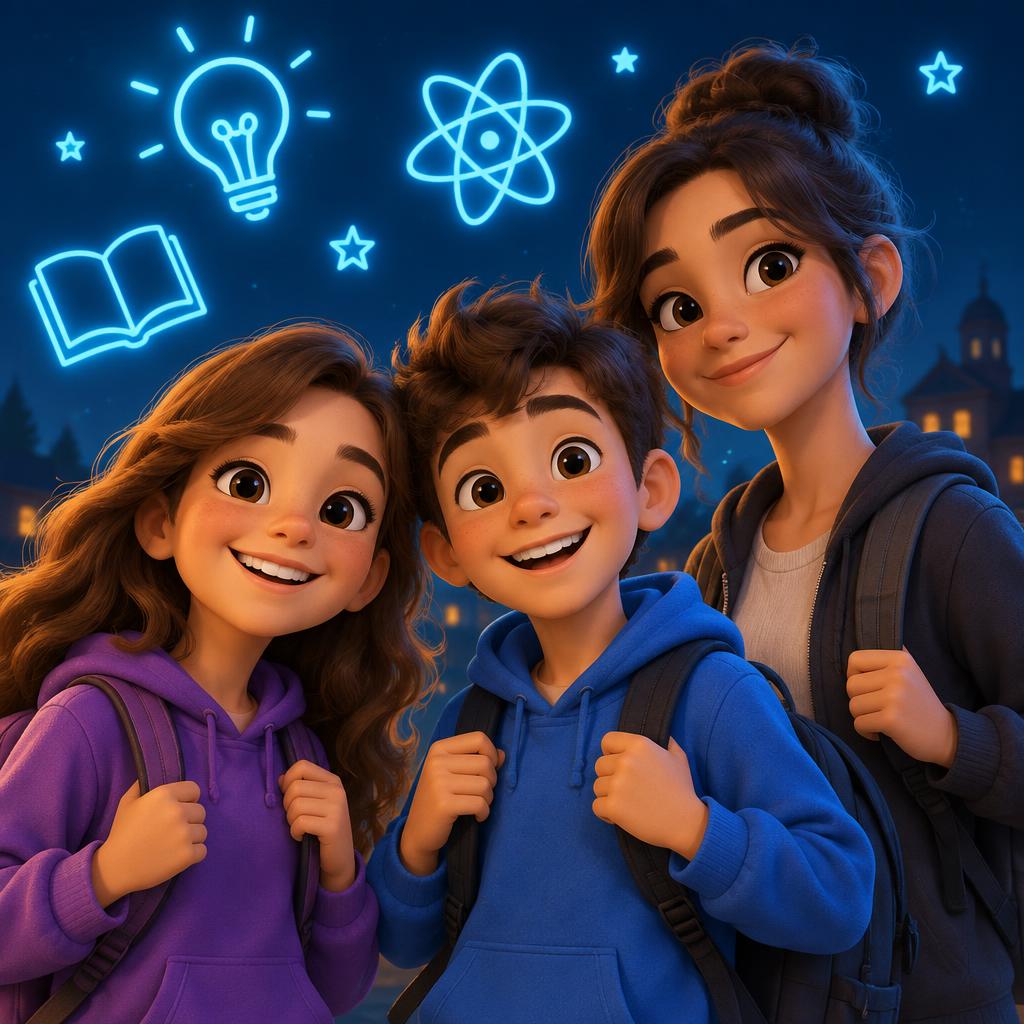 Tres alumnos sonrientes con mochila